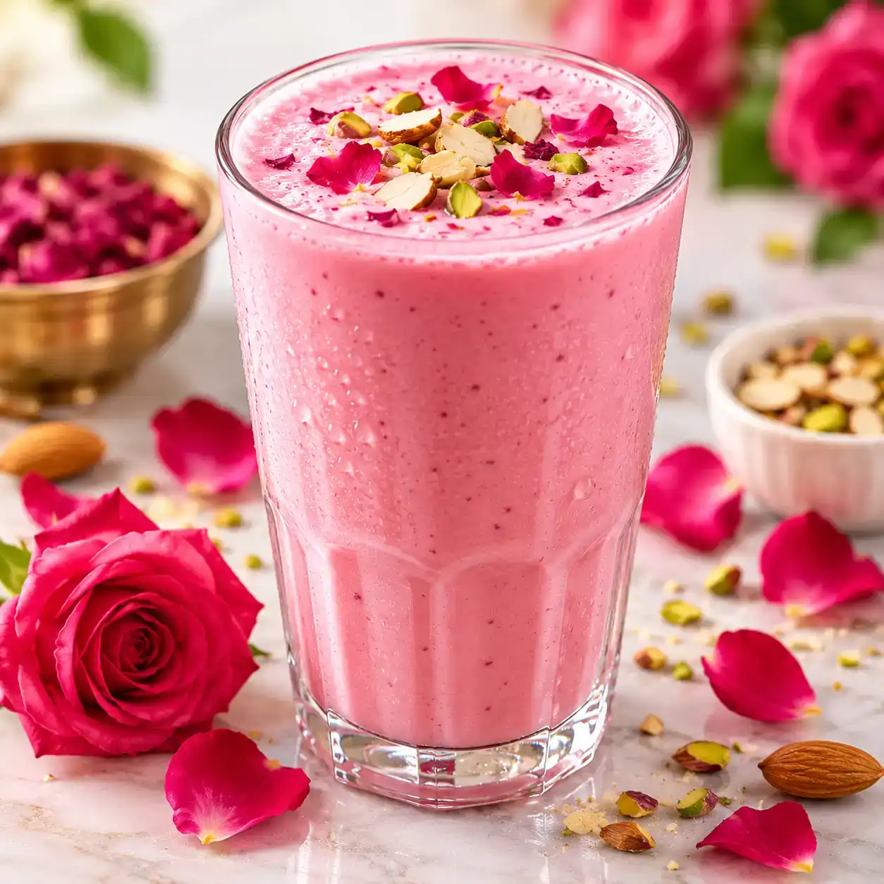 Rose Lassi — Experience the enchanting blend of sweet and floral in our Rose Lassi at Apna Bazar - Eatery